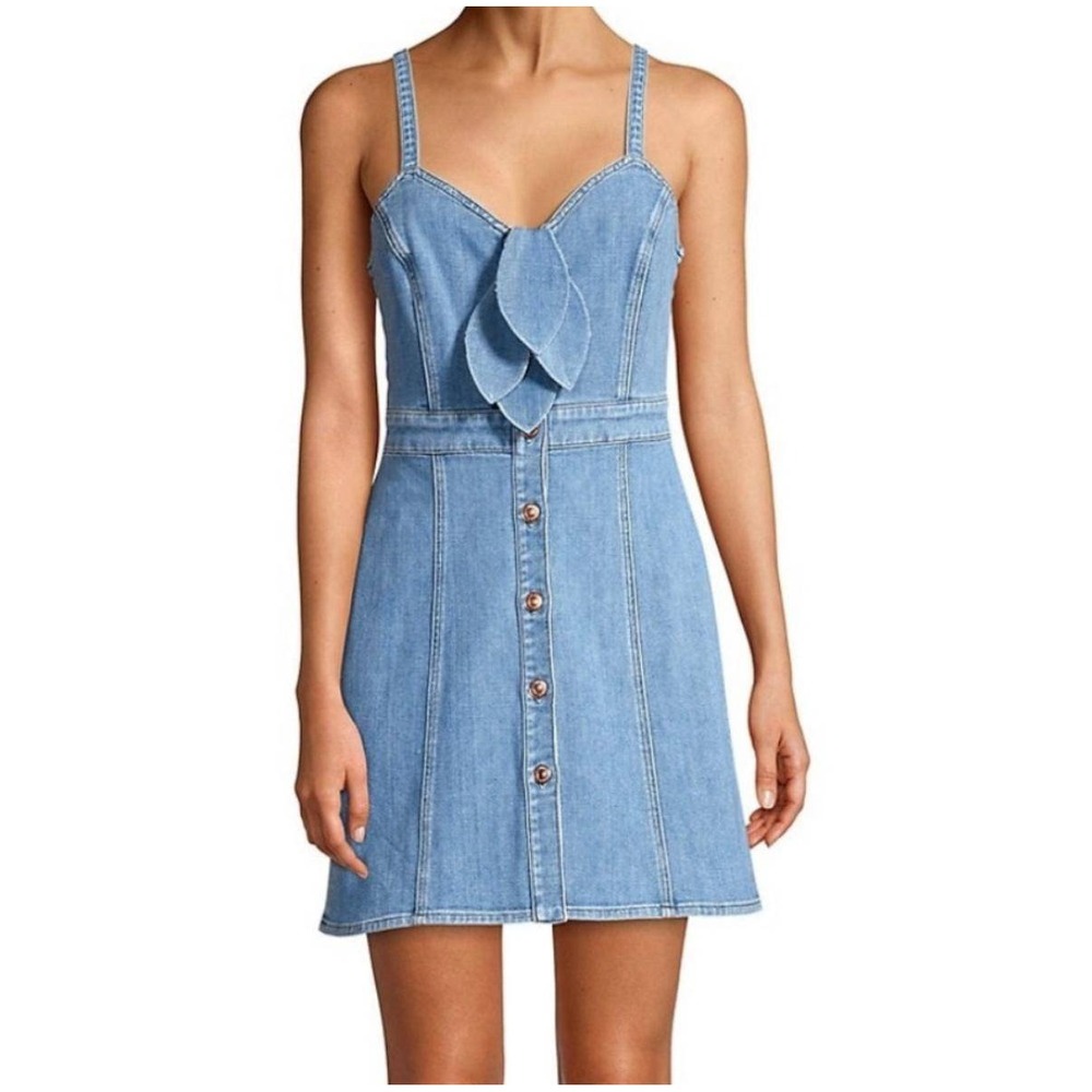 7 For All Mankind Blue Denim Bow‎ Front Button Down Mini Dress XS Light Wash